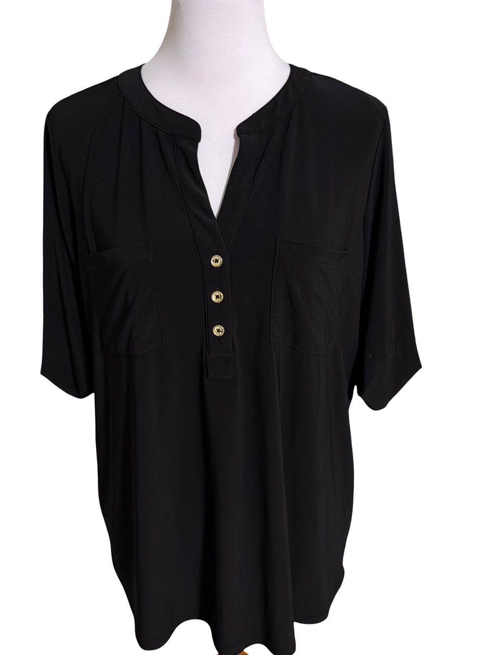 Anne Klein Black Short Sleeve Tunic Top Gold Buttons